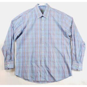Alan Flusser Shirt Mens Large Blue Red Flip Cuffs Long Sleeve Cotton Plaid